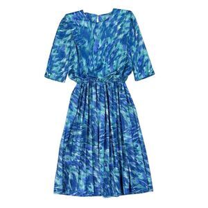 Vintage 80s 90s Midi Dress Women Size 8P Blue Green Tropical Print Pleated Skirt